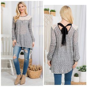 Victorian Embroidered Lace Faux Silk Tie Back Gray Knit Sweater Tunic Top 2895